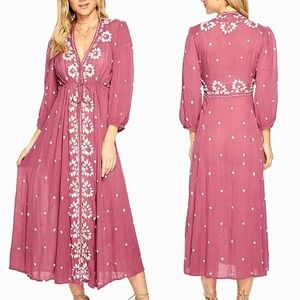 NEW🌺 Free People Embroidered Floral Fable Midi Dress Pink Ivory XS